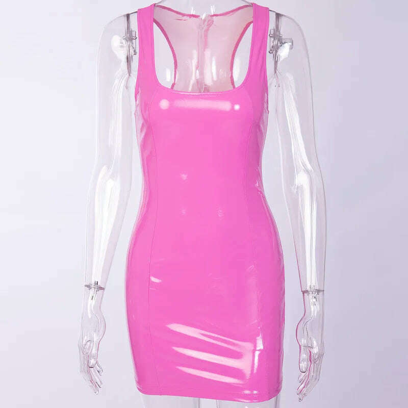 KIMLUD, Sexy PU Patent Leather Sheath Tank Dress PVC Latex Nightclub Dresses Bodycon Package Hip Summer Women Short Mini Low Cut Slim, KIMLUD Womens Clothes