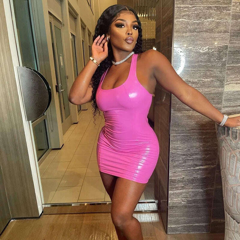 KIMLUD, Sexy PU Patent Leather Sheath Tank Dress PVC Latex Nightclub Dresses Bodycon Package Hip Summer Women Short Mini Low Cut Slim, KIMLUD Womens Clothes