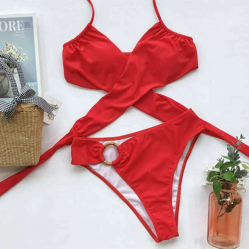 Sexy Red Swimsuit Cross Bandage Bikini High Waisted Swimwear 2 Pieces 2020 Biquini Women Padded Swimsuit Halter Bathing Suit - KIMLUD