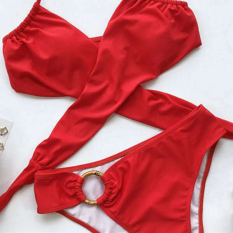 Sexy Red Swimsuit Cross Bandage Bikini High Waisted Swimwear 2 Pieces 2020 Biquini Women Padded Swimsuit Halter Bathing Suit - KIMLUD