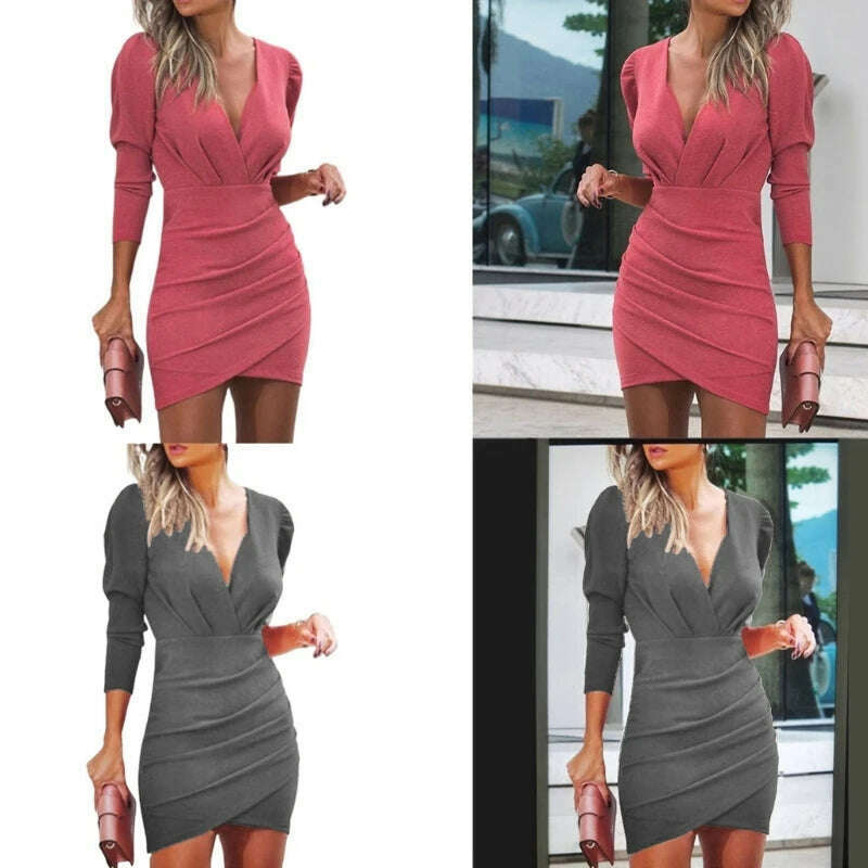 KIMLUD, Sexy Ruffle Bodycon Dresses Waisting Slimming V-Neck Outfits for Daily Formal Dropship, KIMLUD Womens Clothes