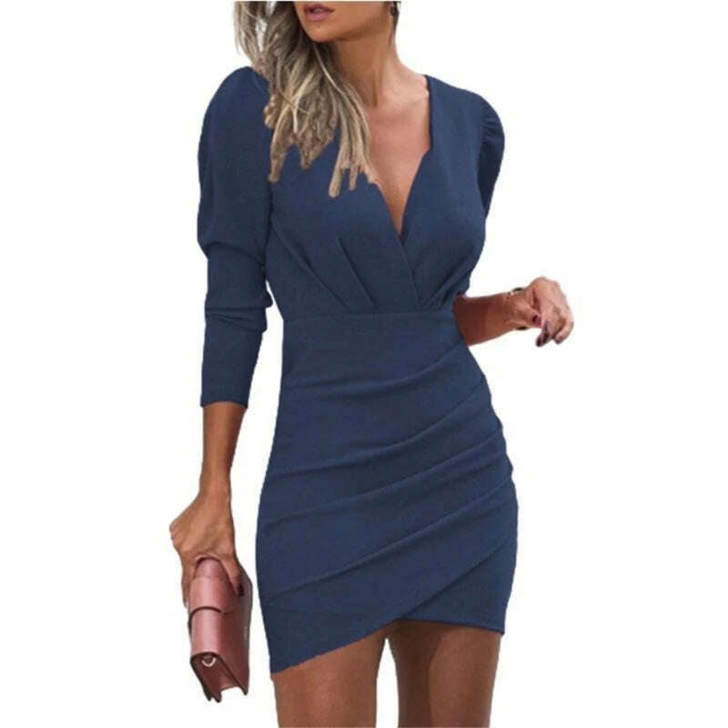 KIMLUD, Sexy Ruffle Bodycon Dresses Waisting Slimming V-Neck Outfits for Daily Formal Dropship, for Dark blue / XL, KIMLUD APPAREL - Womens Clothes