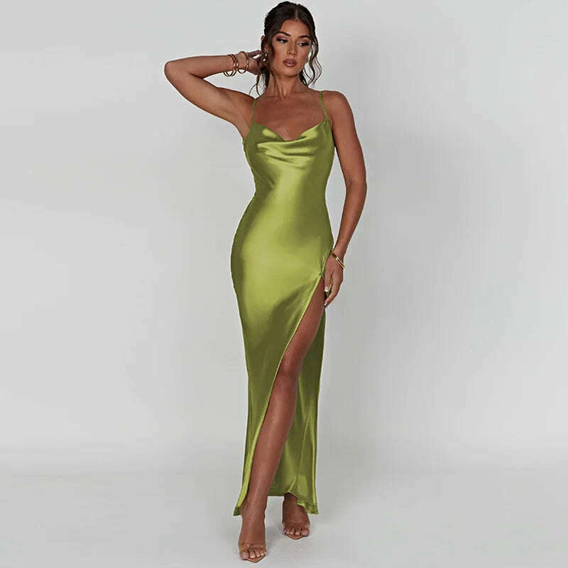 KIMLUD, Sexy Satin Slip Backless Maxi Dress Women 2023 Summer Elegant Party Evening Birthday Bodycon Slit Long Dresses White Green, KIMLUD Women's Clothes