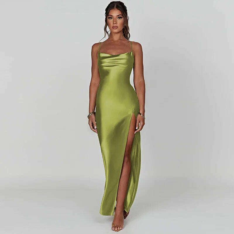 KIMLUD, Sexy Satin Slip Backless Maxi Dress Women 2023 Summer Elegant Party Evening Birthday Bodycon Slit Long Dresses White Green, KIMLUD Women's Clothes