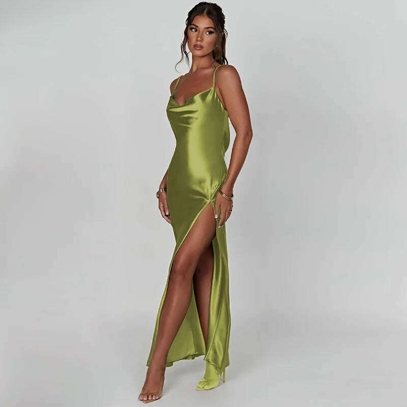 KIMLUD, Sexy Satin Slip Backless Maxi Dress Women 2023 Summer Elegant Party Evening Birthday Bodycon Slit Long Dresses White Green, KIMLUD Women's Clothes