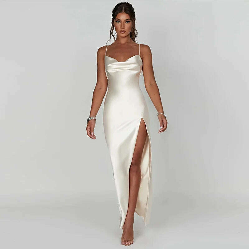 KIMLUD, Sexy Satin Slip Backless Maxi Dress Women 2023 Summer Elegant Party Evening Birthday Bodycon Slit Long Dresses White Green, KIMLUD Women's Clothes