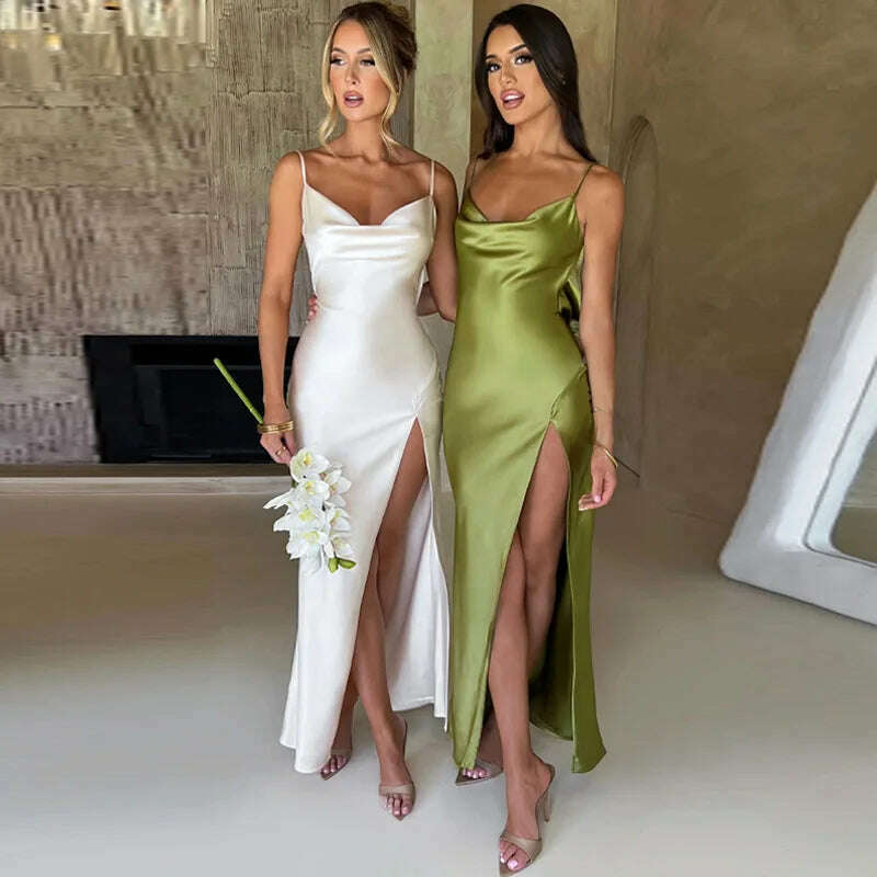 KIMLUD, Sexy Satin Slip Backless Maxi Dress Women 2023 Summer Elegant Party Evening Birthday Bodycon Slit Long Dresses White Green, KIMLUD Women's Clothes