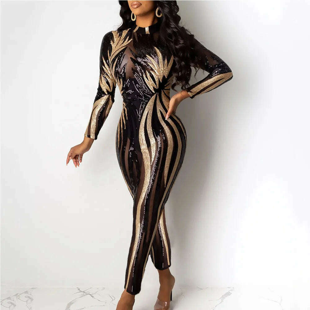 KIMLUD, Sexy see through black Sequin bodycon jumpsuit women summer birthday party club outfits jumpsuits Long sleeve bodysuit overalls, Black / S, KIMLUD APPAREL - Womens Clothes