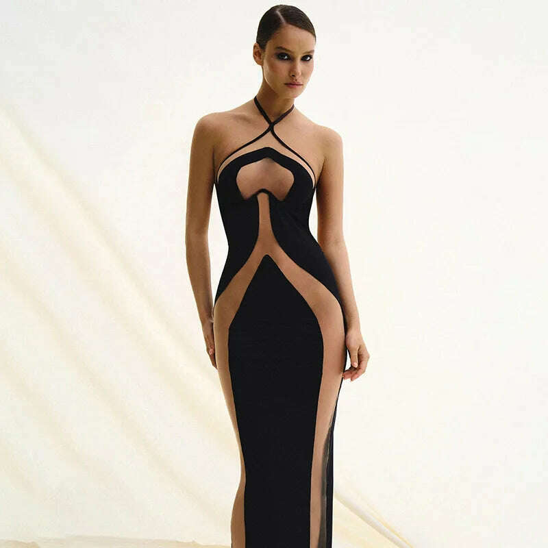 Sexy See Through Bodycon Maxi Dresses Women Halter Black Mesh Patchwor Sexy See Through Bodycon Maxi Dresses Women Halter Black Mesh Patchwor