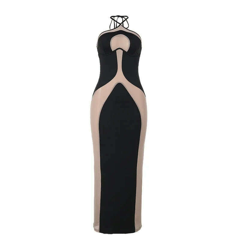 KIMLUD, Sexy See Through Bodycon Maxi Dresses Women Halter Black Mesh Patchwork Slim Long Dress Party Club Streetwear Vestidos, KIMLUD Womens Clothes