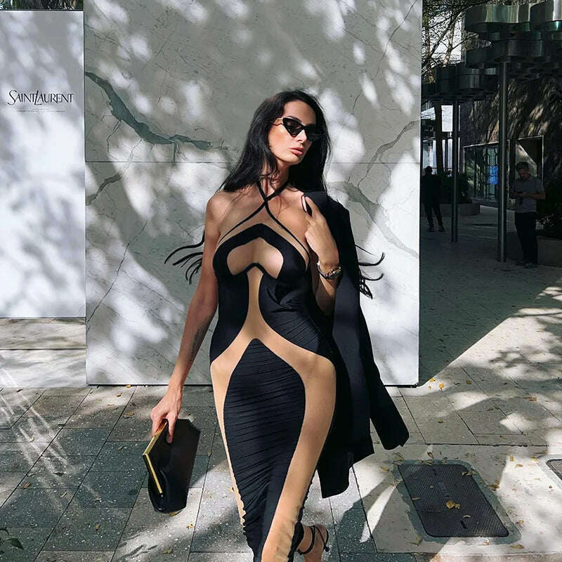 KIMLUD, Sexy See Through Bodycon Maxi Dresses Women Halter Black Mesh Patchwork Slim Long Dress Party Club Streetwear Vestidos, KIMLUD Womens Clothes