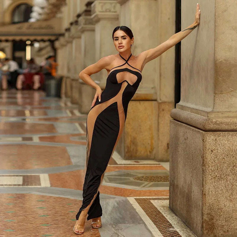 KIMLUD, Sexy See Through Bodycon Maxi Dresses Women Halter Black Mesh Patchwork Slim Long Dress Party Club Streetwear Vestidos, KIMLUD Womens Clothes