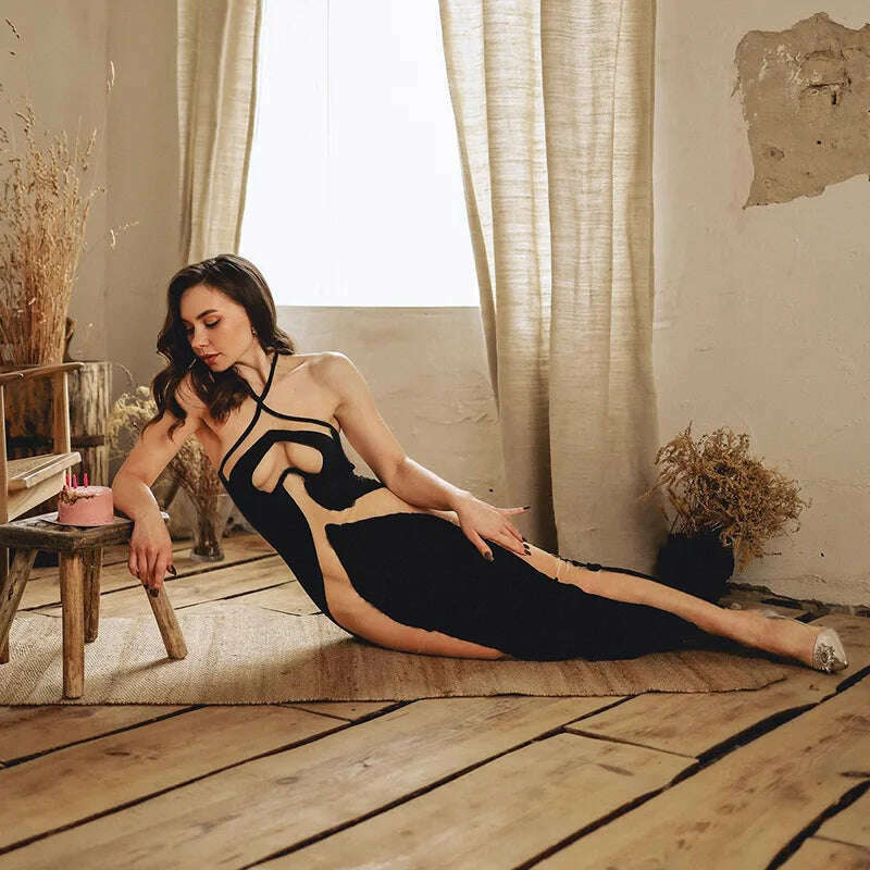 KIMLUD, Sexy See Through Bodycon Maxi Dresses Women Halter Black Mesh Patchwork Slim Long Dress Party Club Streetwear Vestidos, KIMLUD Womens Clothes