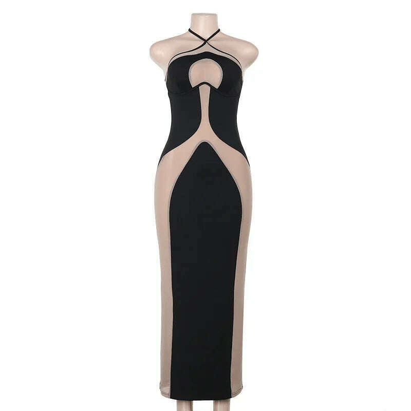 KIMLUD, Sexy See Through Bodycon Maxi Dresses Women Halter Black Mesh Patchwork Slim Long Dress Party Club Streetwear Vestidos, Black 1 / M, KIMLUD APPAREL - Womens Clothes
