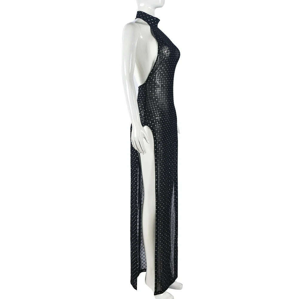 KIMLUD, Sexy See Through Mesh Black Dresses for Women Elegant Birthday Party Halter Backless Split Maxi Dress 2023 Spring Fall, KIMLUD Womens Clothes