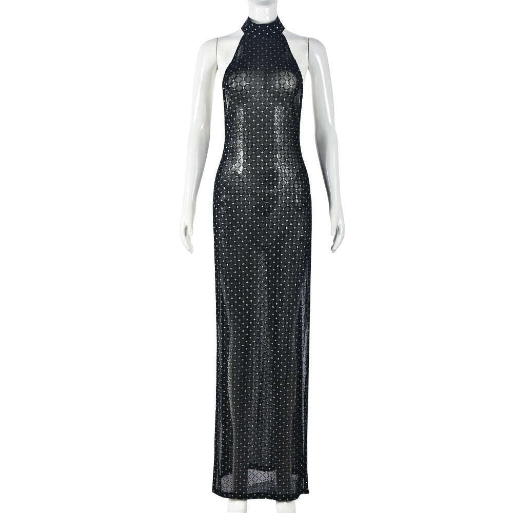 KIMLUD, Sexy See Through Mesh Black Dresses for Women Elegant Birthday Party Halter Backless Split Maxi Dress 2023 Spring Fall, KIMLUD Womens Clothes