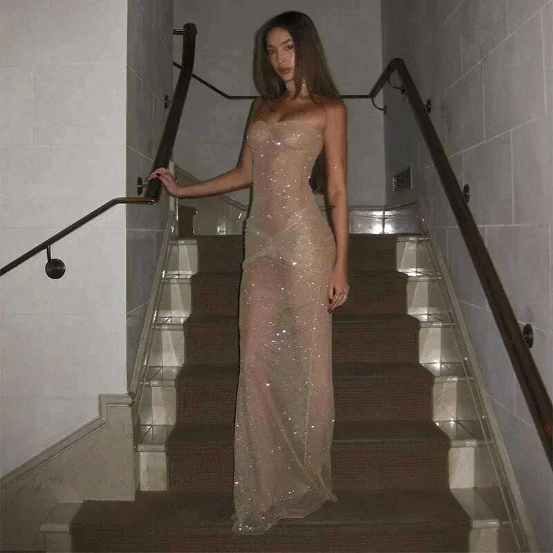 Sexy Sequin See Through Maxi Dress Women Strapless Slim Hip Wrap Evening Long Dresses 2024 Chic Lady Party Vestidos Club Robes - KIMLUD