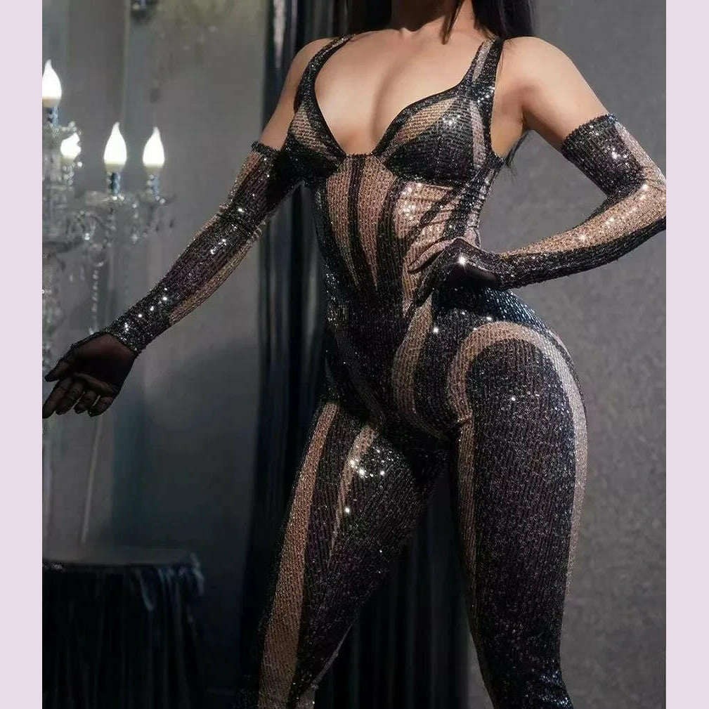 KIMLUD, Sexy Sequins Jumpsuit Gloves Sexy Birthday Party Nightclub Outfit Dancer Show Rompers Stage Wear Performance Dance Costume, black / S, KIMLUD APPAREL - Womens Clothes