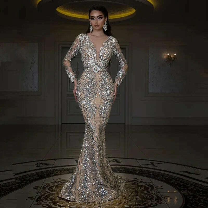 KIMLUD, Sexy Sequins Long Sleeve V Neck Graduation Party Dress Long Bodycon Robe Prom Gown Elegant Women Evening Floor Length Dress, KIMLUD Womens Clothes