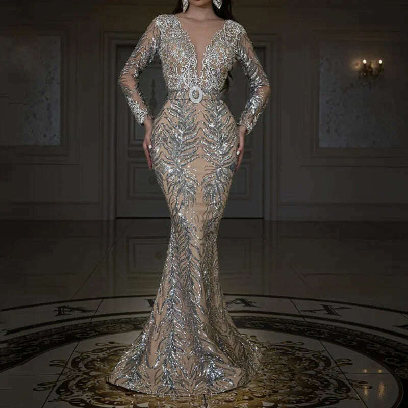 KIMLUD, Sexy Sequins Long Sleeve V Neck Graduation Party Dress Long Bodycon Robe Prom Gown Elegant Women Evening Floor Length Dress, KIMLUD Womens Clothes