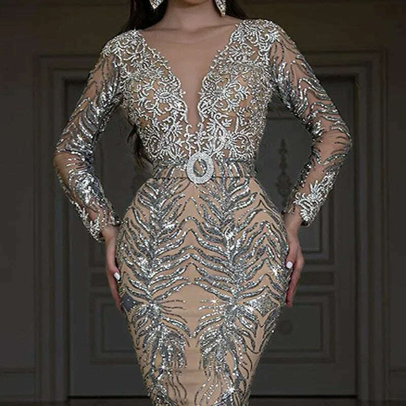 KIMLUD, Sexy Sequins Long Sleeve V Neck Graduation Party Dress Long Bodycon Robe Prom Gown Elegant Women Evening Floor Length Dress, KIMLUD Womens Clothes