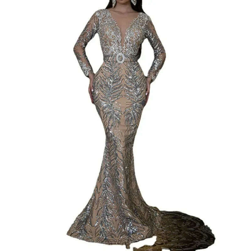 KIMLUD, Sexy Sequins Long Sleeve V Neck Graduation Party Dress Long Bodycon Robe Prom Gown Elegant Women Evening Floor Length Dress, KIMLUD Womens Clothes