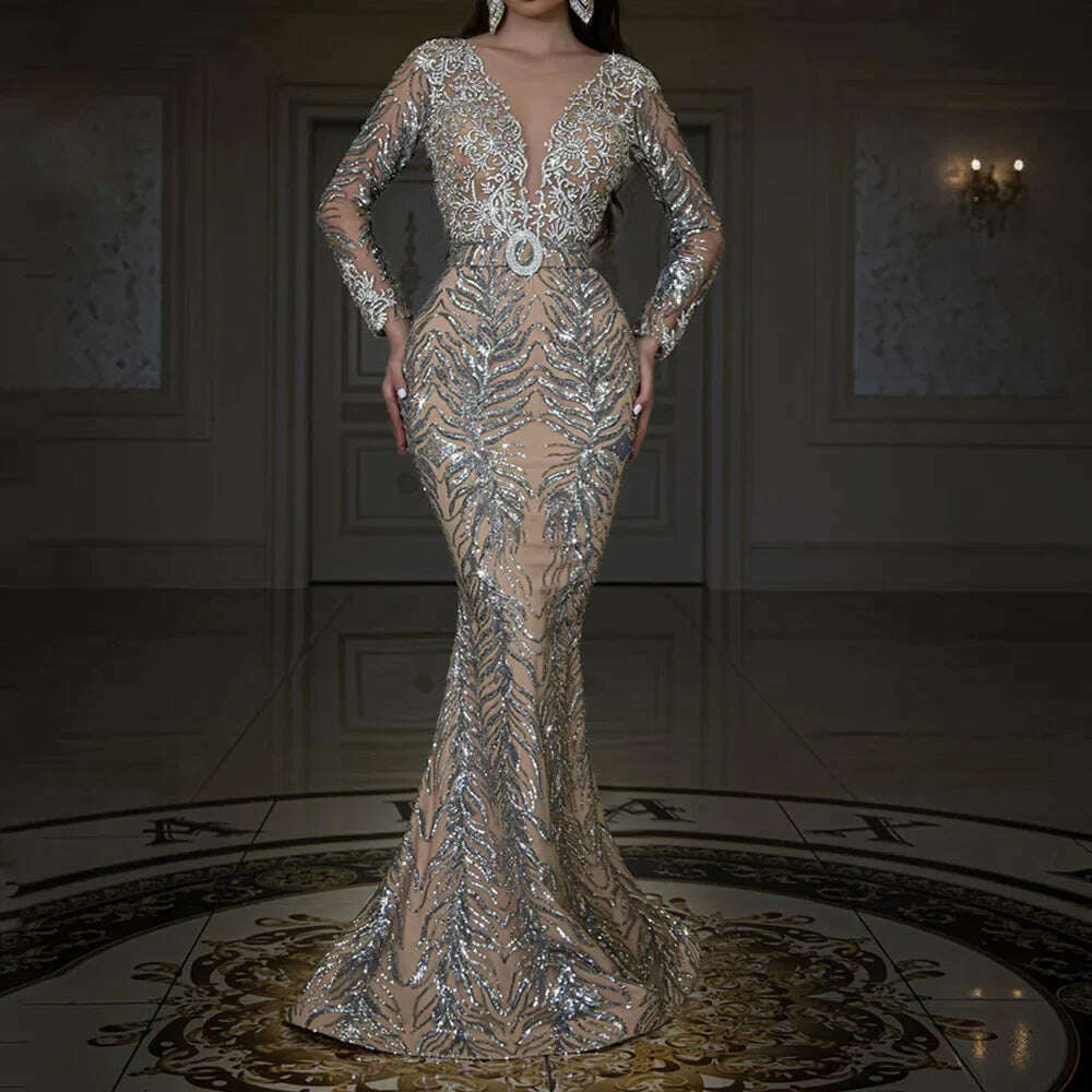 KIMLUD, Sexy Sequins Long Sleeve V Neck Graduation Party Dress Long Bodycon Robe Prom Gown Elegant Women Evening Floor Length Dress, 1 / S, KIMLUD APPAREL - Womens Clothes