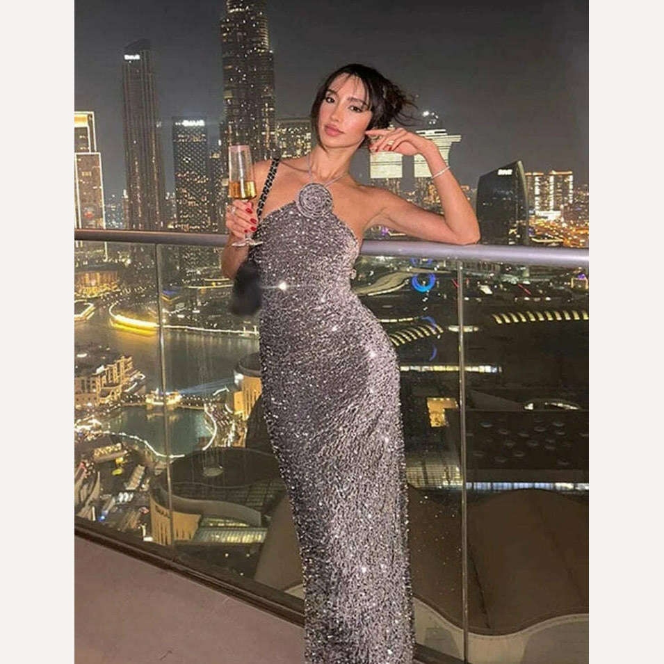 KIMLUD, Sexy Sesquin Sling Backless Maxi Dress For Women Fashion High Waist Sleeveless Bodycon Robe Female Evening Prom Party Vestidos, KIMLUD Womens Clothes