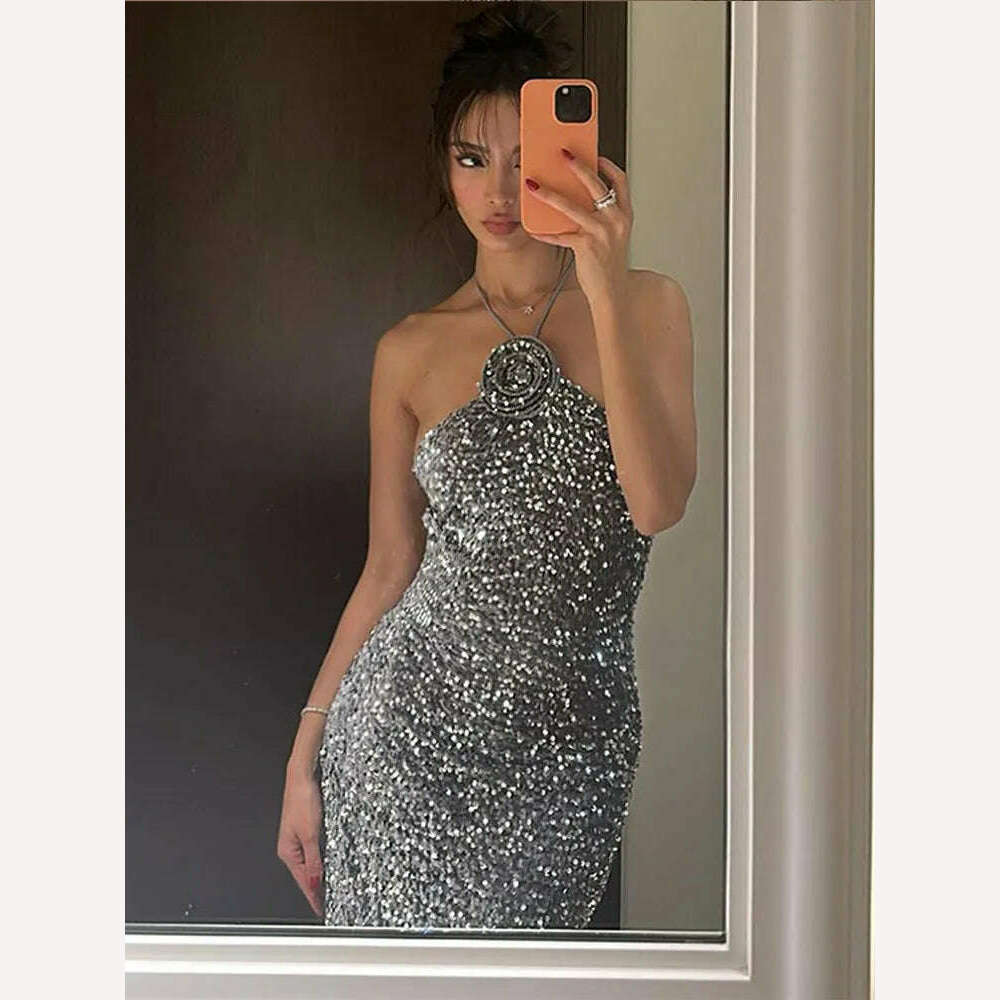 KIMLUD, Sexy Sesquin Sling Backless Maxi Dress For Women Fashion High Waist Sleeveless Bodycon Robe Female Evening Prom Party Vestidos, Grey / S, KIMLUD APPAREL - Womens Clothes
