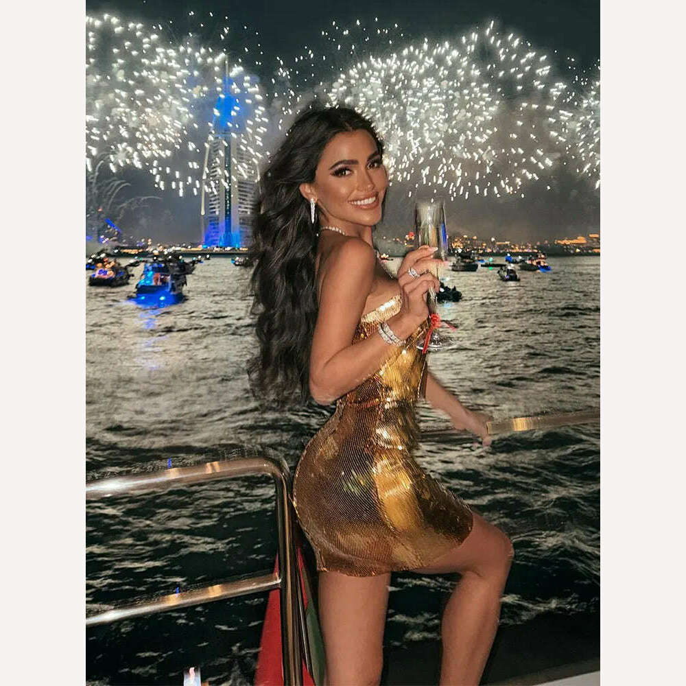 KIMLUD, Sexy Shiny Golden Sequins Strapless Mini Dress Women Elegant Backless Sleeveless Bodycon Dresses Lady Evening Party Vestidos, KIMLUD Womens Clothes