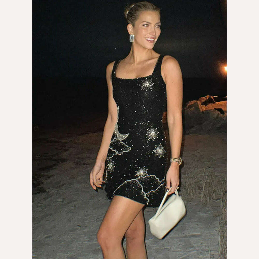 KIMLUD, Sexy Shiny Sequins Printed Strap A-line Dress Women Fashion U-neck Sleeveless Splited Mini Dresses 2024 Lady Party Club Vestido, black / S, KIMLUD APPAREL - Womens Clothes