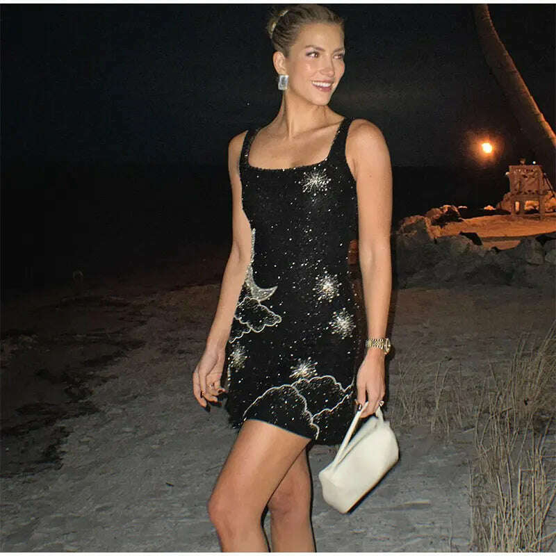 KIMLUD, Sexy Shiny Sequins Printed Strap A-line Dress Women Fashion U-neck Sleeveless Splited Mini Dresses 2024 Lady Party Club Vestido, KIMLUD Womens Clothes