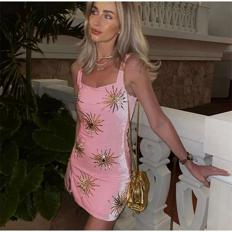 KIMLUD, Sexy Shiny Sequins Printed Strap A-line Dress Women Fashion U-neck Sleeveless Splited Mini Dresses 2024 Lady Party Club Vestido, KIMLUD Womens Clothes