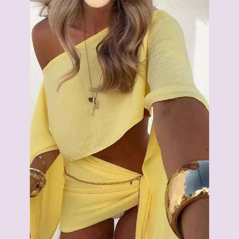 KIMLUD, Sexy Skirt Suits Women Cotton Linen Single Shoulder Irregular Tops Set Female Summer Hollow Out Lace Up Beach Skirt Set 2 Pieces, KIMLUD Womens Clothes