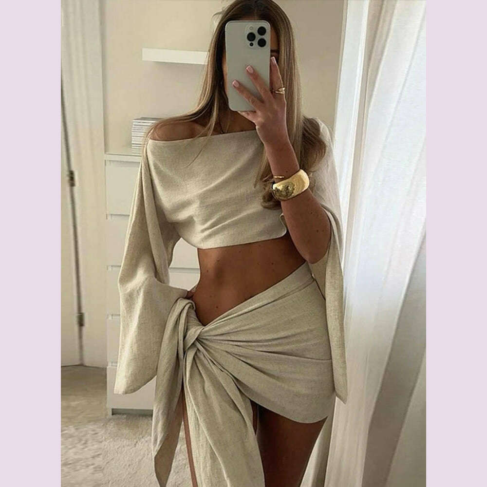 KIMLUD, Sexy Skirt Suits Women Cotton Linen Single Shoulder Irregular Tops Set Female Summer Hollow Out Lace Up Beach Skirt Set 2 Pieces, KIMLUD Womens Clothes