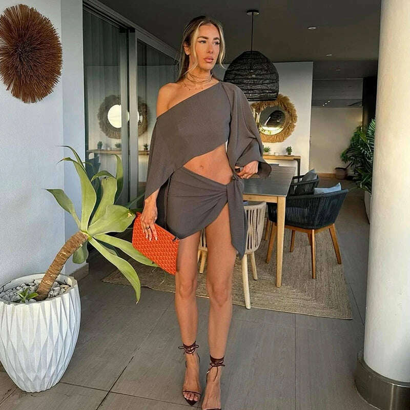 KIMLUD, Sexy Skirt Suits Women Cotton Linen Single Shoulder Irregular Tops Set Female Summer Hollow Out Lace Up Beach Skirt Set 2 Pieces, KIMLUD Womens Clothes