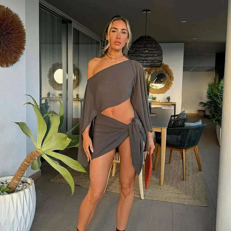 KIMLUD, Sexy Skirt Suits Women Cotton Linen Single Shoulder Irregular Tops Set Female Summer Hollow Out Lace Up Beach Skirt Set 2 Pieces, 01 Grey / S, KIMLUD APPAREL - Womens Clothes