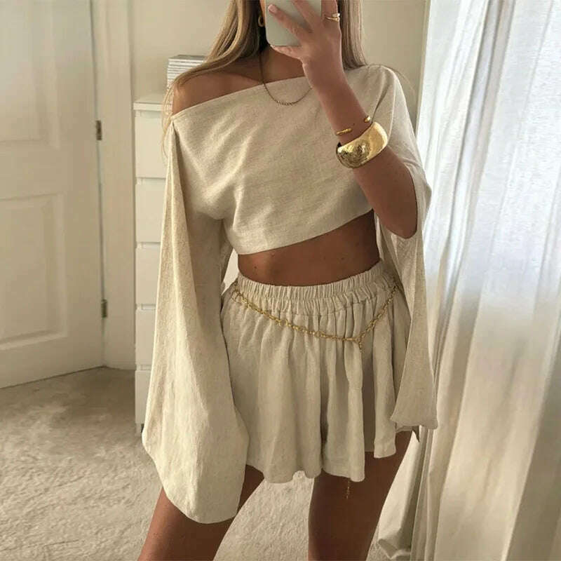 KIMLUD, Sexy Skirt Suits Women Cotton Linen Single Shoulder Irregular Tops Set Female Summer Hollow Out Lace Up Beach Skirt Set 2 Pieces, 02 White Shorts Set / M, KIMLUD APPAREL - Womens Clothes