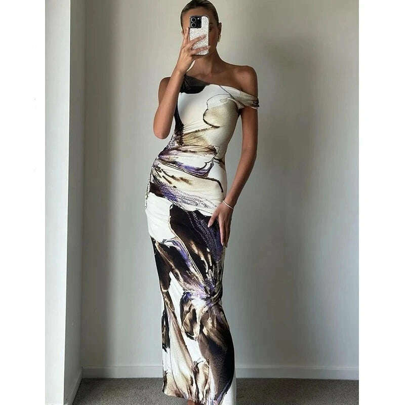 KIMLUD, Sexy Slash Neck Floral Print Elegant Maxi Dress Women Sleeveless Bodycon Long Vestido 2024 Spring Summer Fairy Grunge Clothes, Khaki / S, KIMLUD APPAREL - Womens Clothes