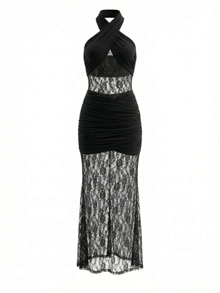 Sexy Sleeveless Halter Lace Patchwork Maxi Dress for Women Black Backless Ruched Elegant Dresses Celebrity Evening Party Gown