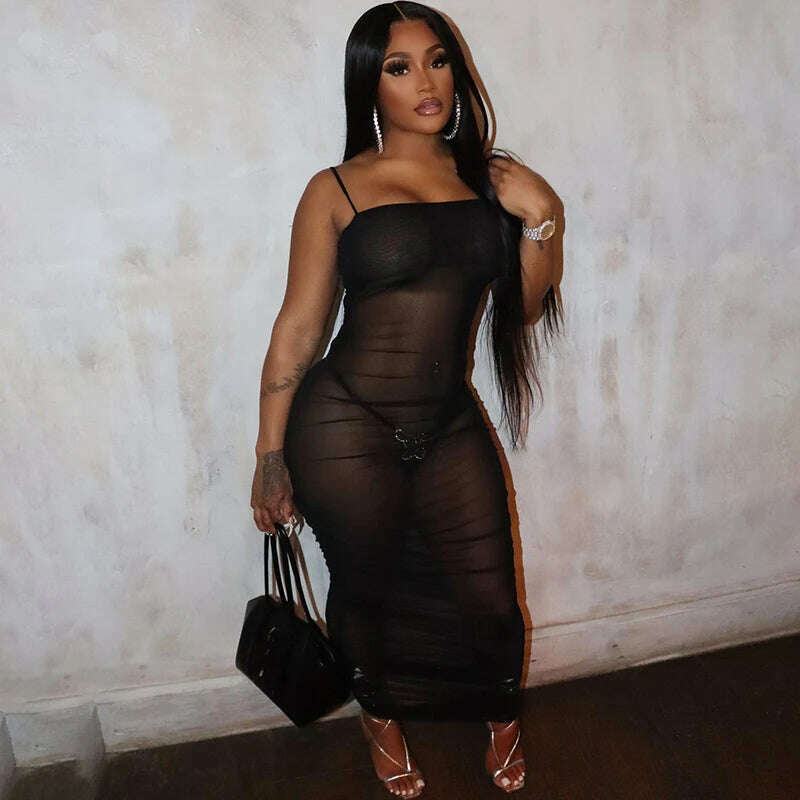 Sexy Spaghetti Strap Mesh See Through Bodycon Maxi Dress Women Backless Black Goth Vestidos 2022 Summer Night Club Party Clothes - KIMLUD
