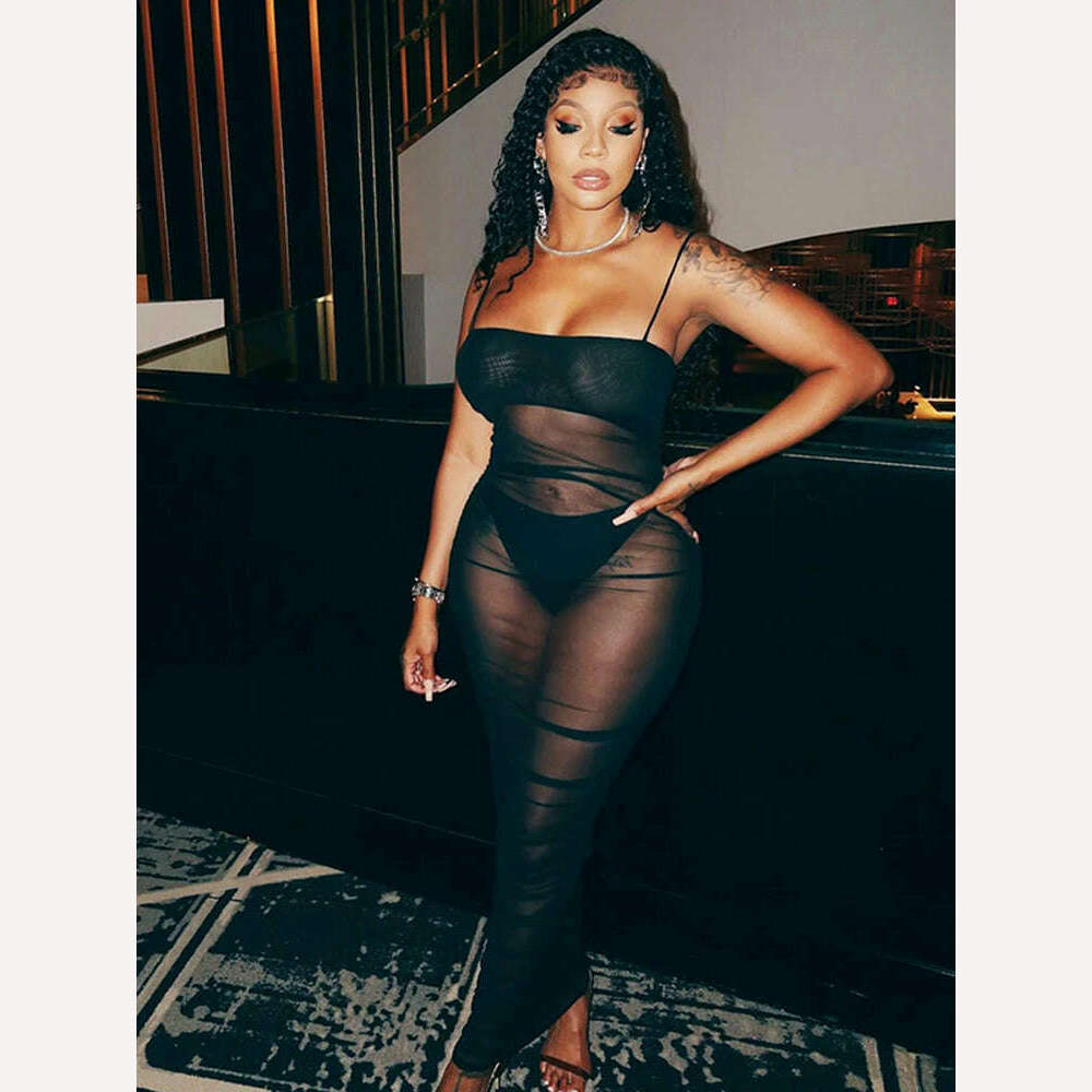 Sexy Spaghetti Strap Mesh See Through Bodycon Maxi Dress Women Backless Black Goth Vestidos 2022 Summer Night Club Party Clothes - KIMLUD