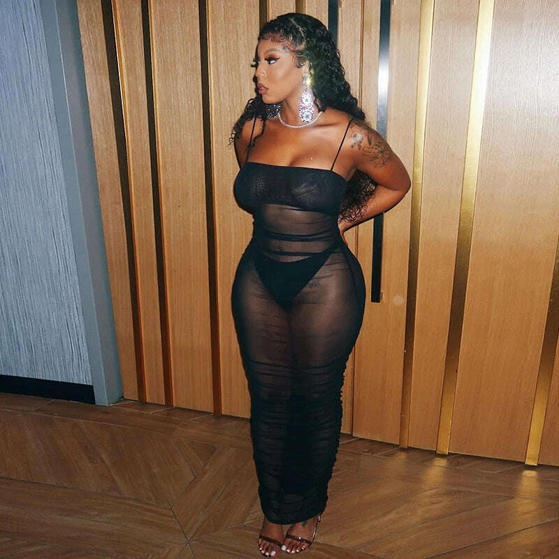 Sexy Spaghetti Strap Mesh See Through Bodycon Maxi Dress Women Backless Black Goth Vestidos 2022 Summer Night Club Party Clothes - KIMLUD