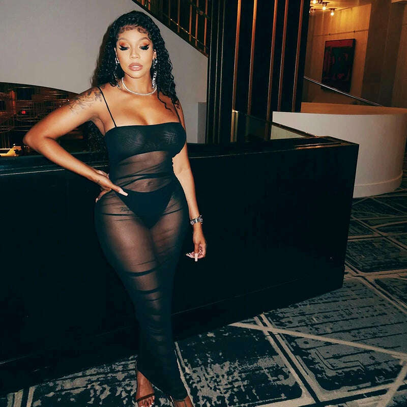 Sexy Spaghetti Strap Mesh See Through Bodycon Maxi Dress Women Backless Black Goth Vestidos 2022 Summer Night Club Party Clothes - KIMLUD