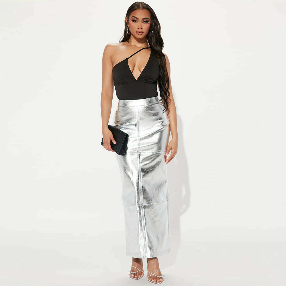 KIMLUD, Sexy Sparkly Slit Long Skirts Women High Waist Metallic Green Slim Maxi Skirt 2023 Summer Harajuku Elegant Fairy Grunge Clothes, Silver / S, KIMLUD Womens Clothes