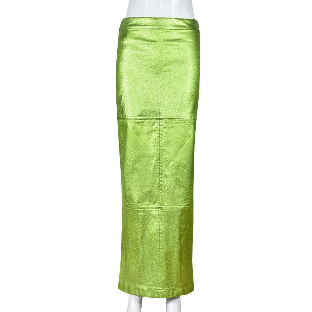 KIMLUD, Sexy Sparkly Slit Long Skirts Women High Waist Metallic Green Slim Maxi Skirt 2023 Summer Harajuku Elegant Fairy Grunge Clothes, Green / S, KIMLUD Women's Clothes