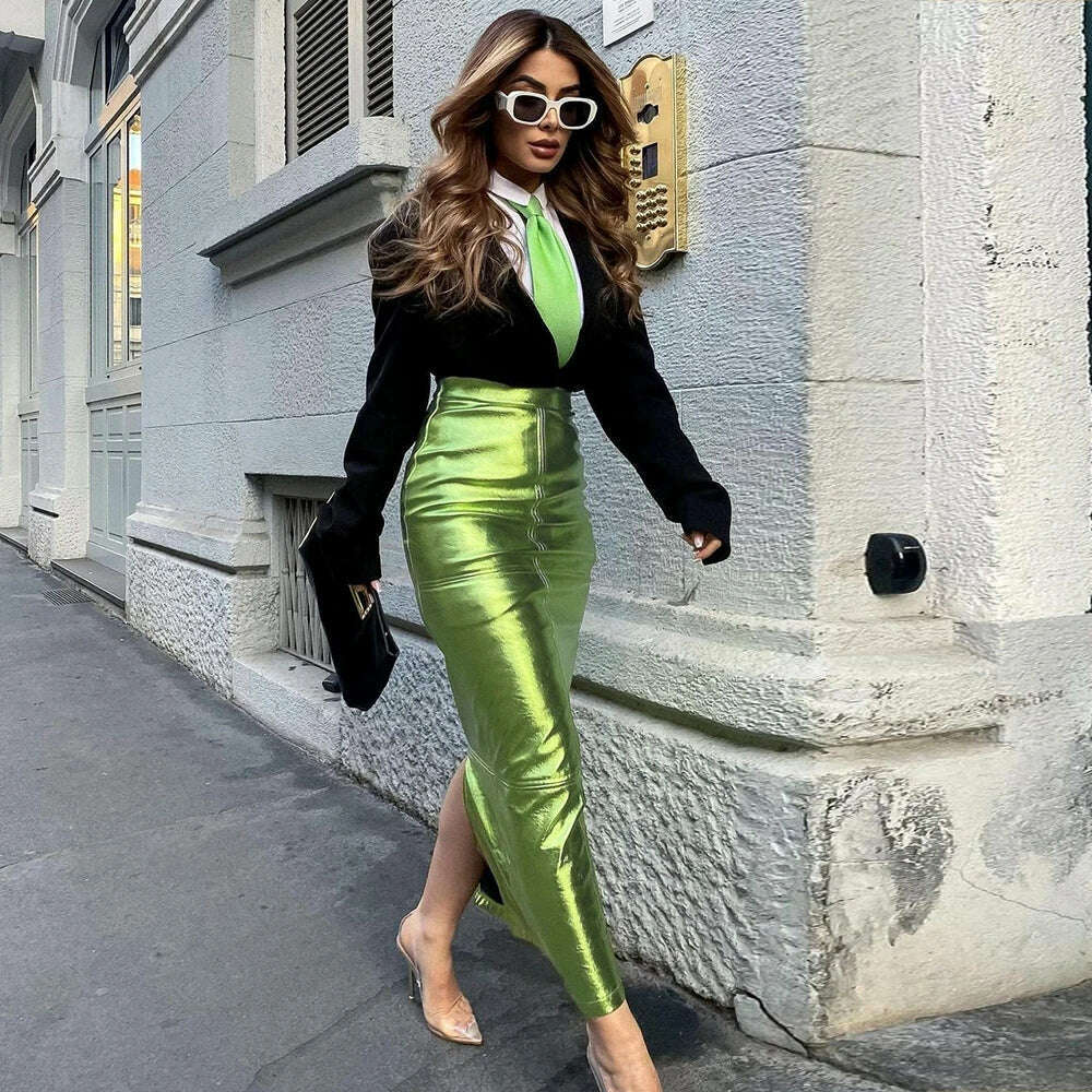 KIMLUD, Sexy Sparkly Slit Long Skirts Women High Waist Metallic Green Slim Maxi Skirt 2023 Summer Harajuku Elegant Fairy Grunge Clothes, KIMLUD Women's Clothes