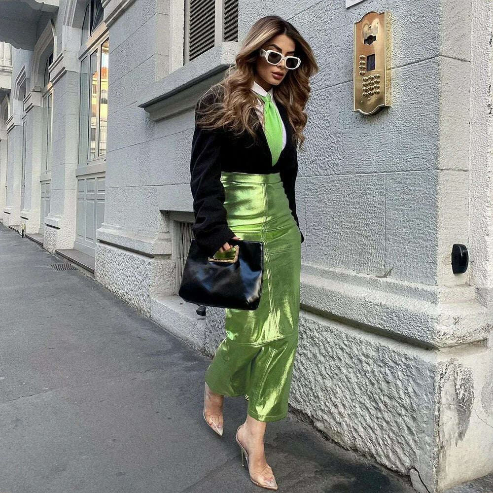 KIMLUD, Sexy Sparkly Slit Long Skirts Women High Waist Metallic Green Slim Maxi Skirt 2023 Summer Harajuku Elegant Fairy Grunge Clothes, KIMLUD Women's Clothes