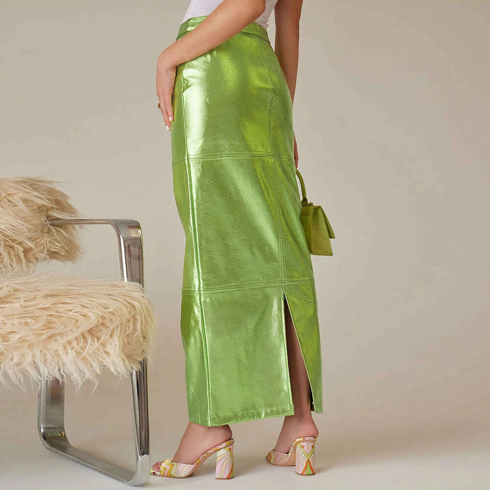 KIMLUD, Sexy Sparkly Slit Long Skirts Women High Waist Metallic Green Slim Maxi Skirt 2023 Summer Harajuku Elegant Fairy Grunge Clothes, KIMLUD Women's Clothes