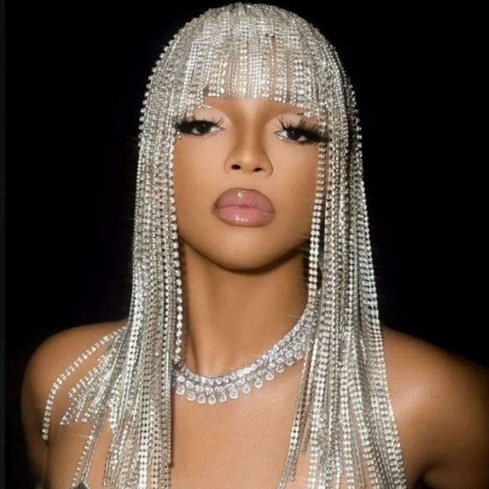 Sexy Stage Costume Rhinestone Tassel Wig Headpiece Head Ornament for Women Nightclub Crystal Forehead Headband Hat Cap Jewelry - KIMLUD